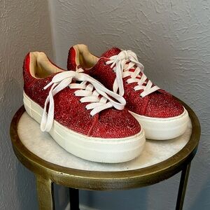 Betsey Johnson Sidny Red Lace Shoes Ruby Rhinestone Crystal Sparkle